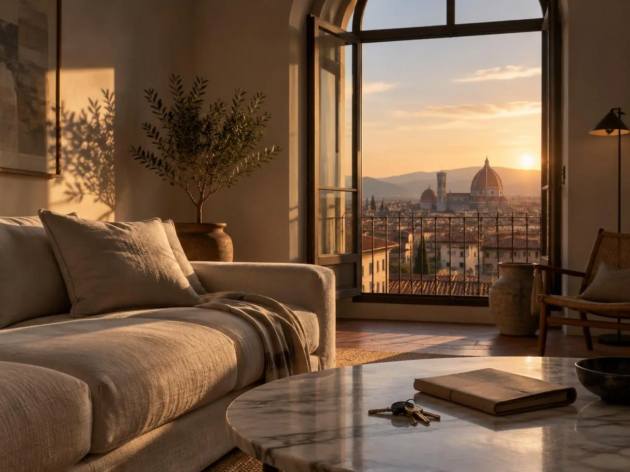 Soggiorno di una casa vacanza italiana al tramonto, con vista sui tetti e sulla cupola